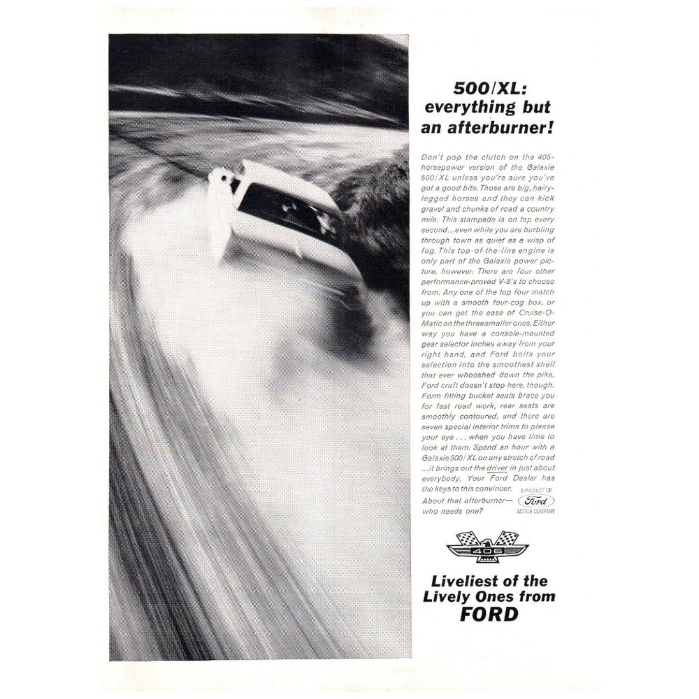 1963 Ford Galaxie 500/XL 405hp V8 Vintage Print Ad Classic Car Dirt Road Driver